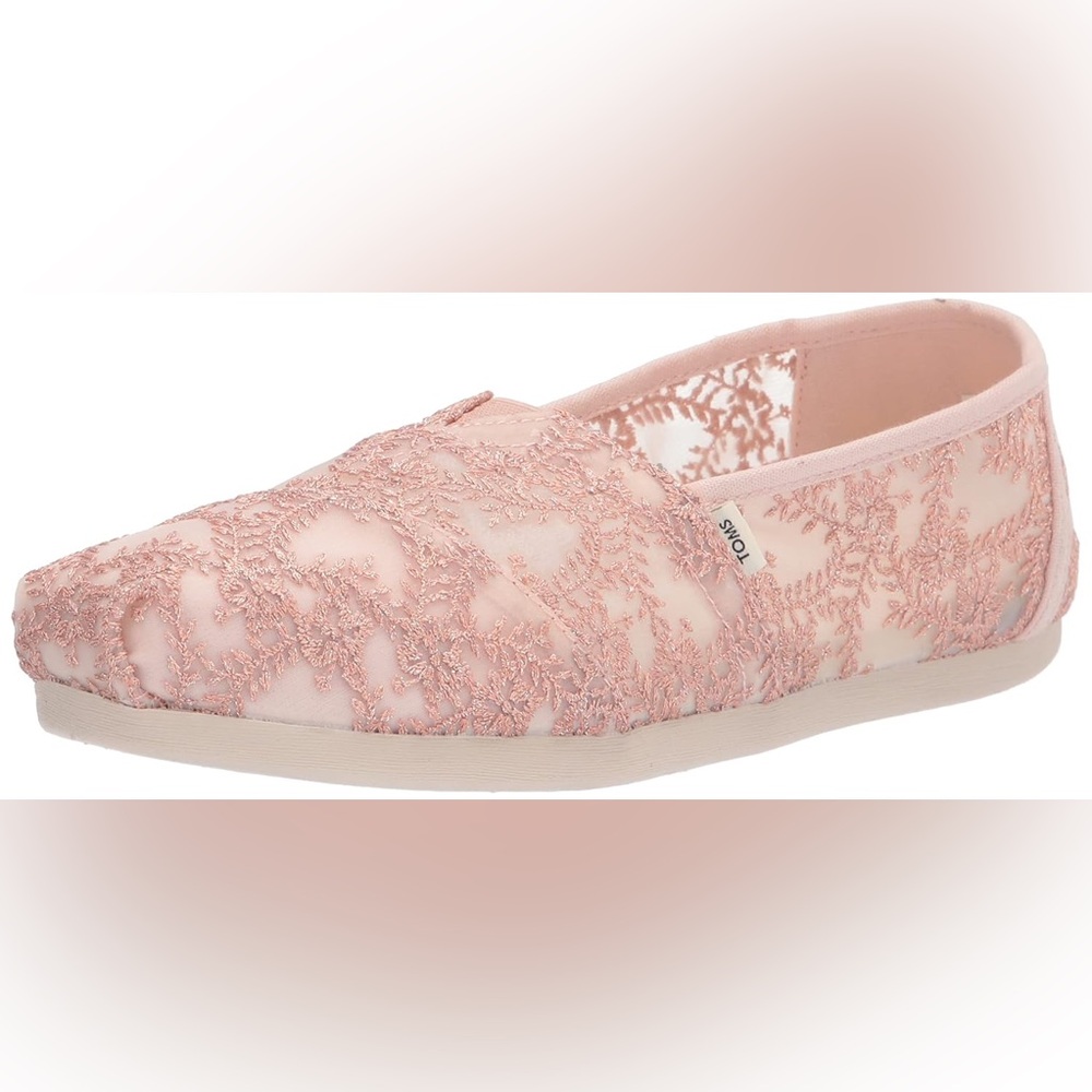 NWT/NIB Toms Rose Gold Metallic Hibiscus Floral Lace Alpargata Flats